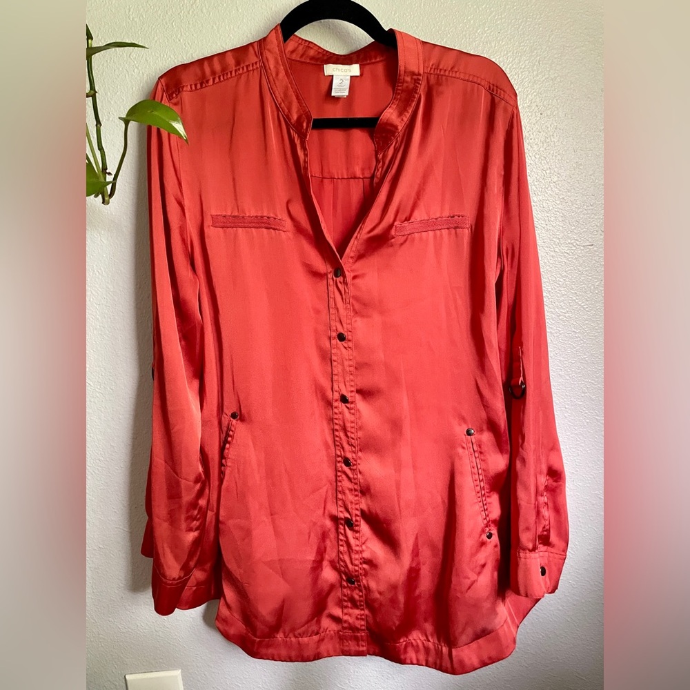 Chico's Choffon Career Orange Long Sleeve Button Down Top Large 2/L